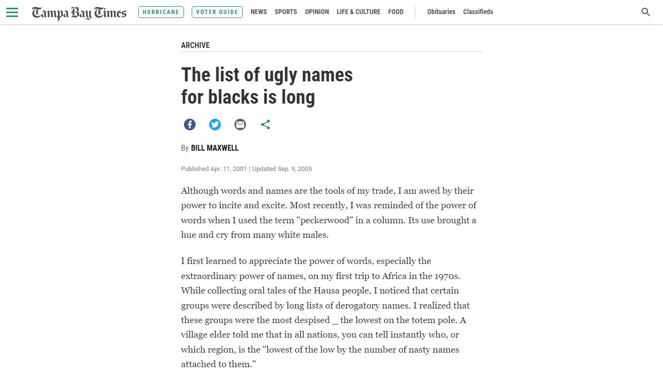 The list of ugly names for blacks is long - Tampa Bay Times